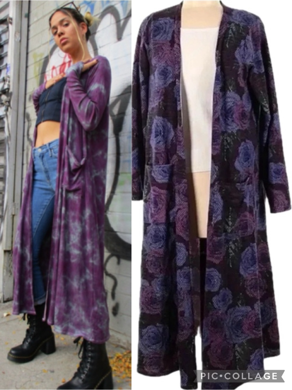 LuLaRoe Sarah Cardigan Duster Open Front With Pockets Multi Purple Digital Roses